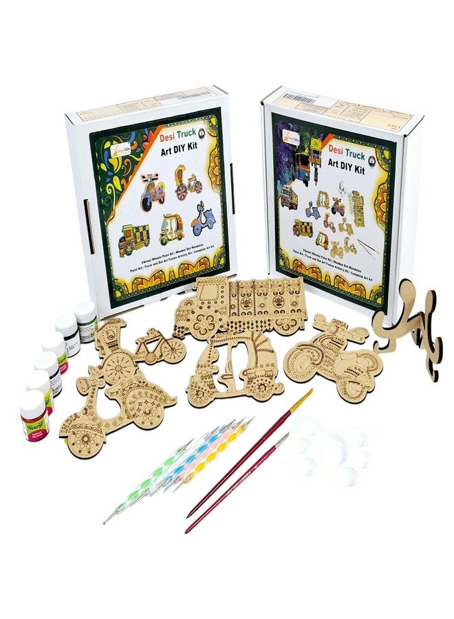 StepsToDo Mandala & Truck Art Kit | Vibrant Indian Art Fusion | Set of 5 Premium Wooden Pre-Engraving Cutout with Acrylic Colors, Mandala Tools, Painting/Display Stand. DIY Fridge Magnets. - Image 1